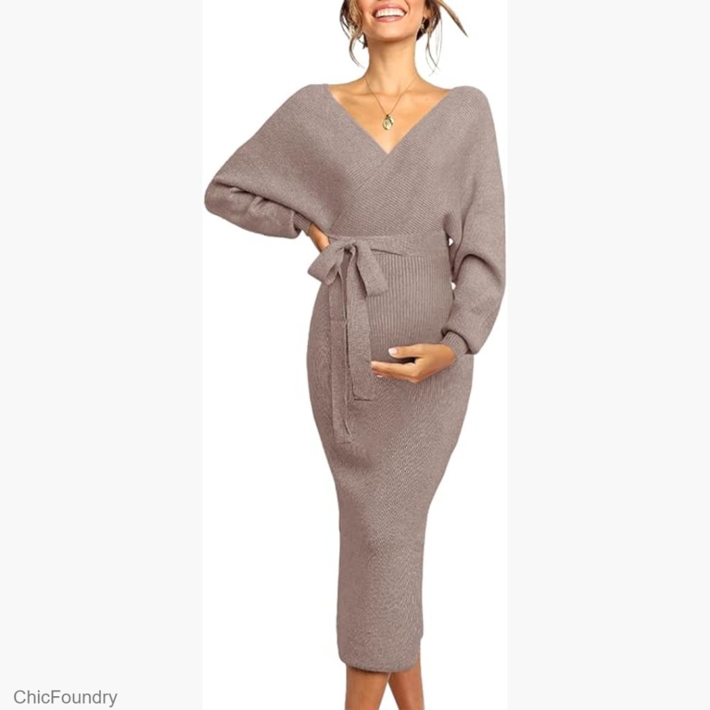 Maternity Nursing Sweater Dress Maxi Long Sleeve V-Neck A-Line Pull On
